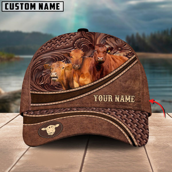 Red Angus Personalized Name Brown Carving Leather Pattern 3D Classic Cap