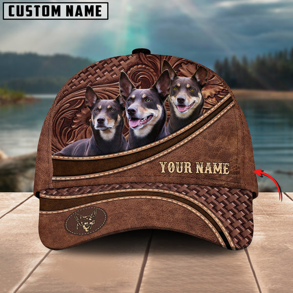 Kelpies Dog Personalized Name Brown Carving Leather Pattern 3D Classic Cap