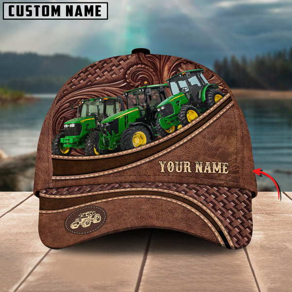 Tractor Personalized Name Brown Carving Leather Pattern 3D Classic Cap