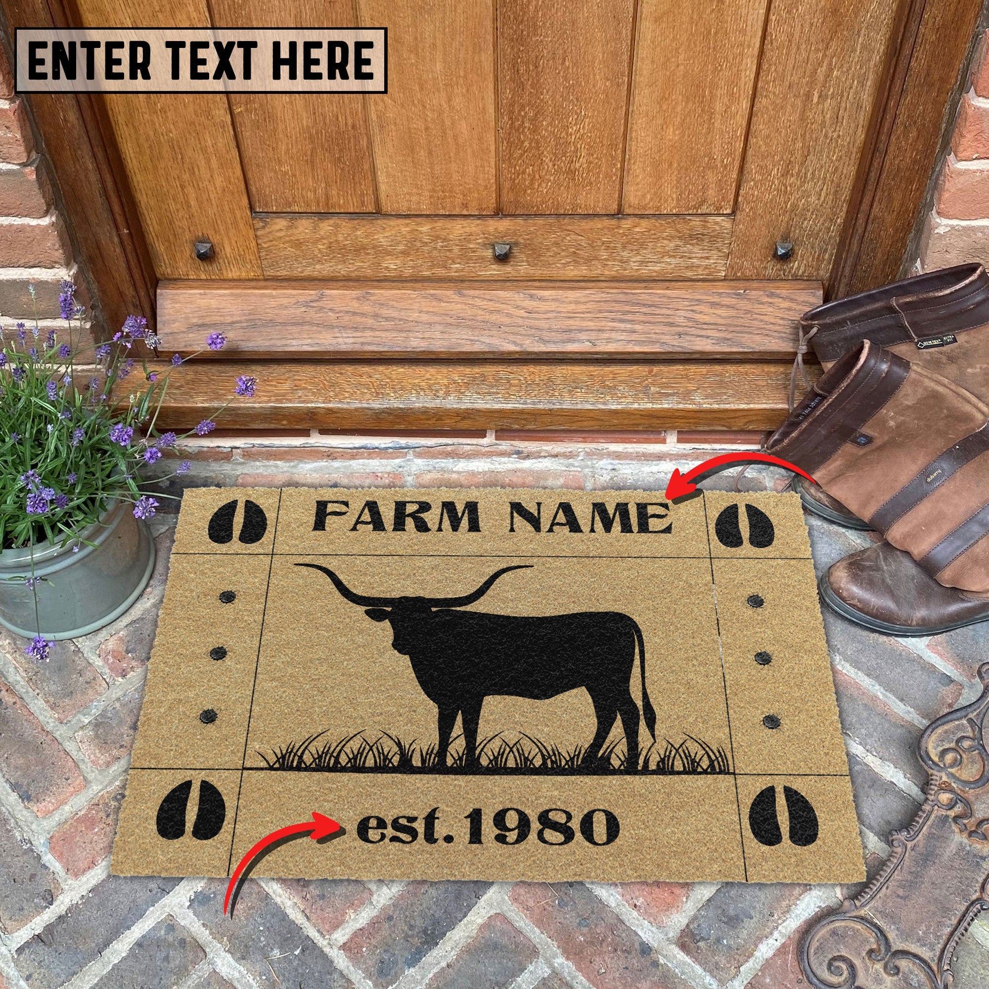 Texas Longhorn Hoove Custom Farm Name Custom Year Coir Doormat