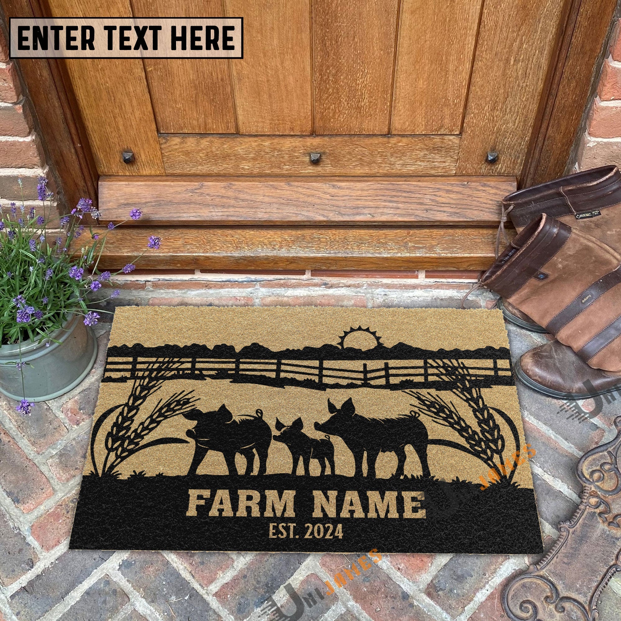 Pig Sunshine Field Custom Farm Name Custom Year Coir Doormat