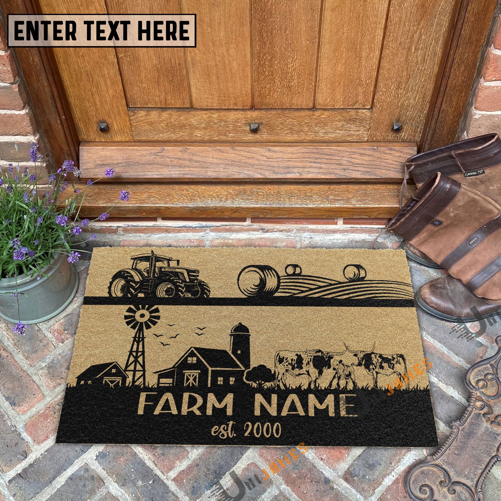 Texas Longhorn Happy Ranch Custom Farm Name Custom Year Coir Doormat