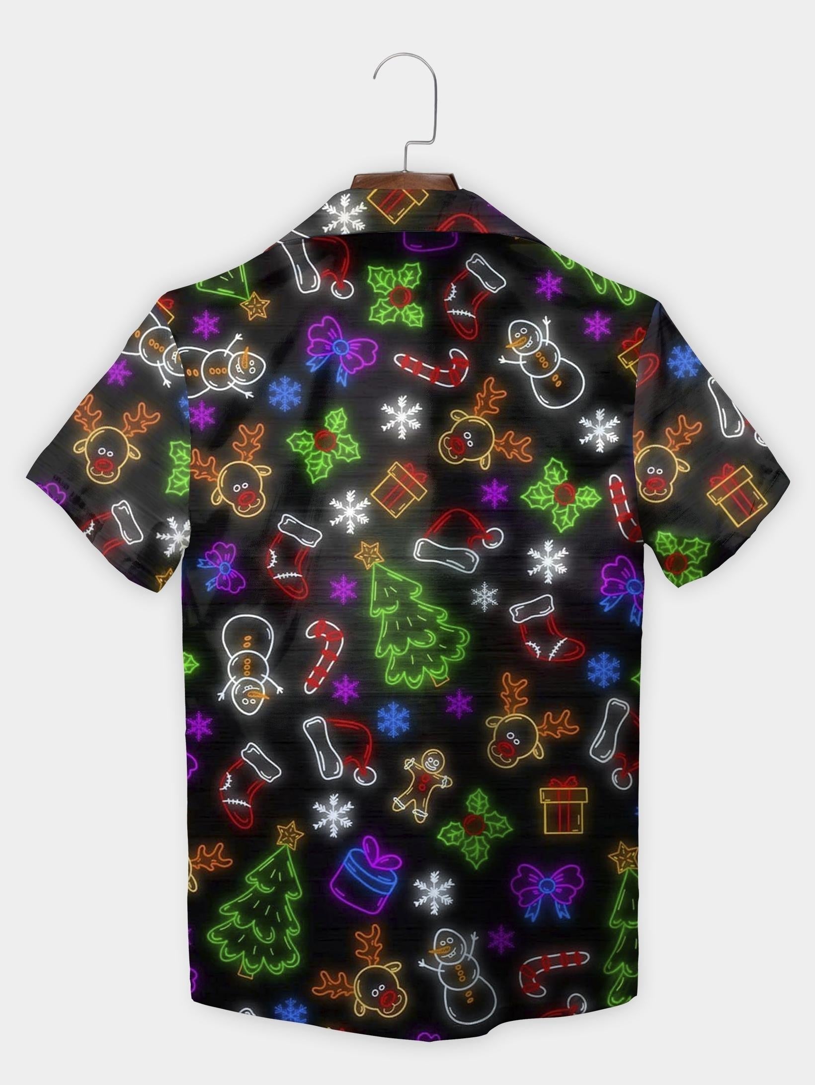 Black Neon Icons Gingerbread Snowflake Tree Short Sleeve Aloha Shirt