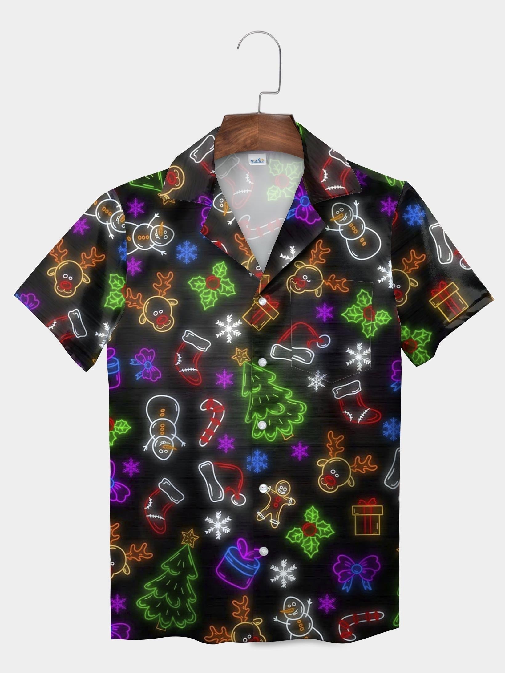 Black Neon Icons Gingerbread Snowflake Tree Short Sleeve Aloha Shirt