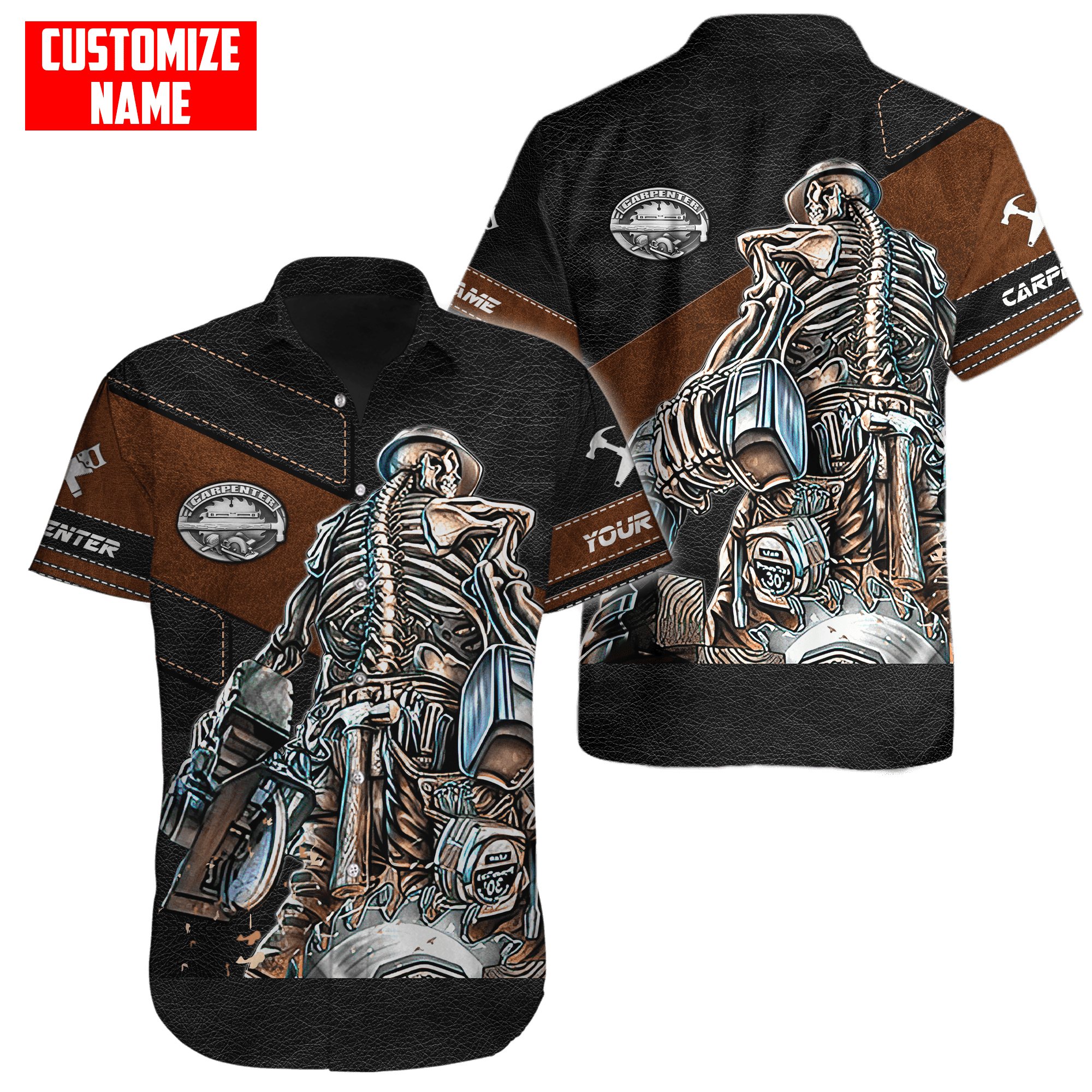 Customized Name Skull Carpenter Unisex Shirts Leather Texture