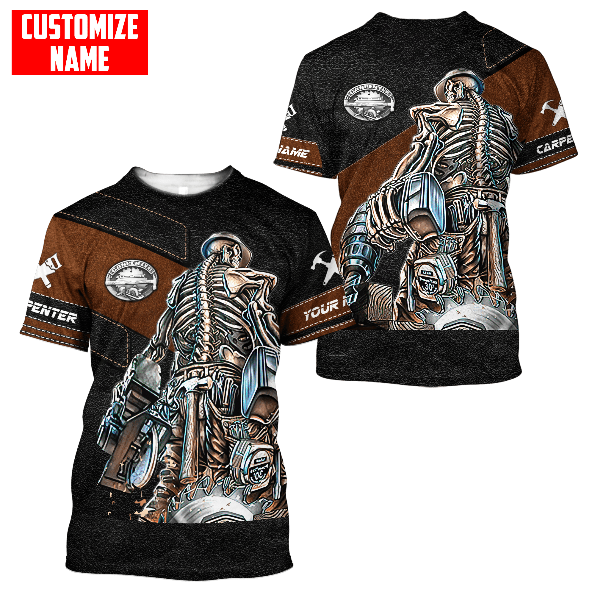 Customized Name Skull Carpenter Unisex Shirts Leather Texture