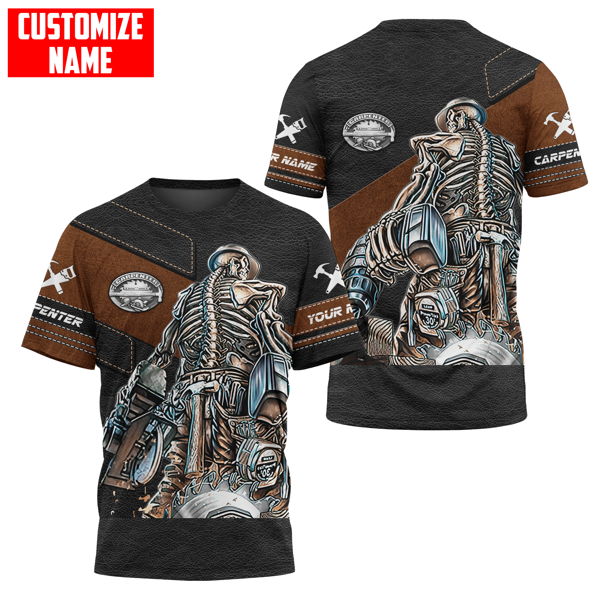 Customized Name Skull Carpenter Unisex Shirts Leather Texture