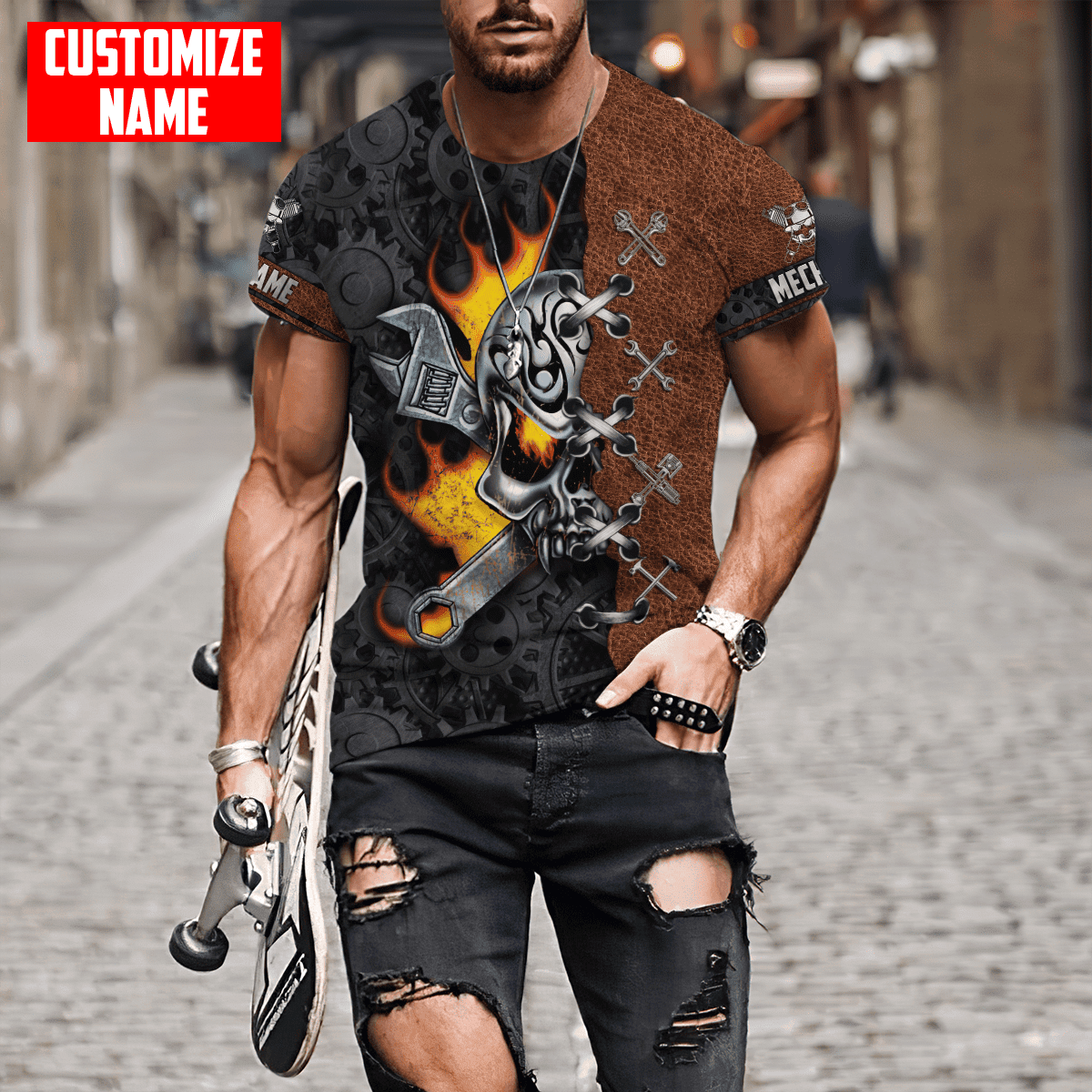 Customized All Over Printed Auto Mechanic Skull All Over Printed Shirt