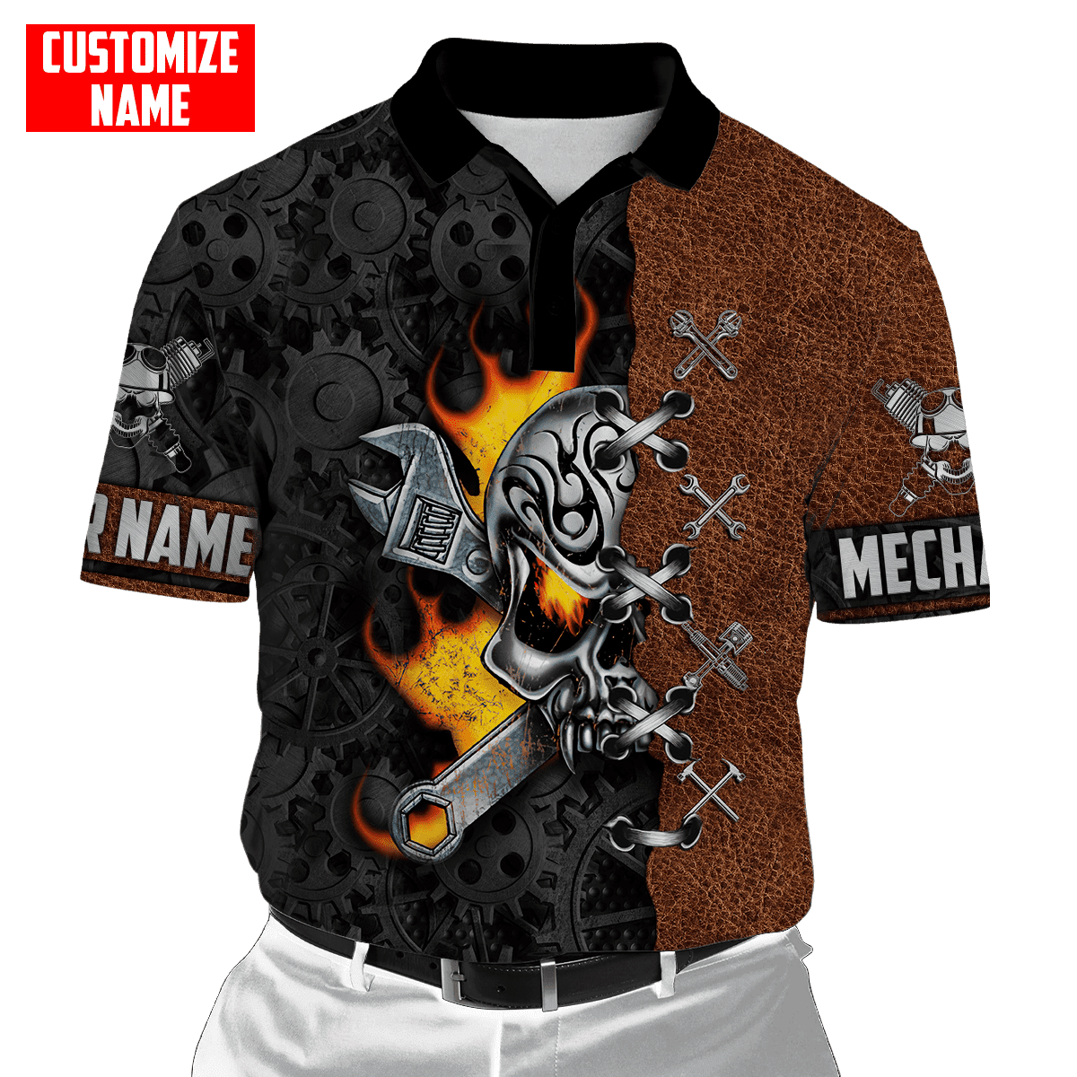 Customized All Over Printed Auto Mechanic Skull All Over Printed Shirt