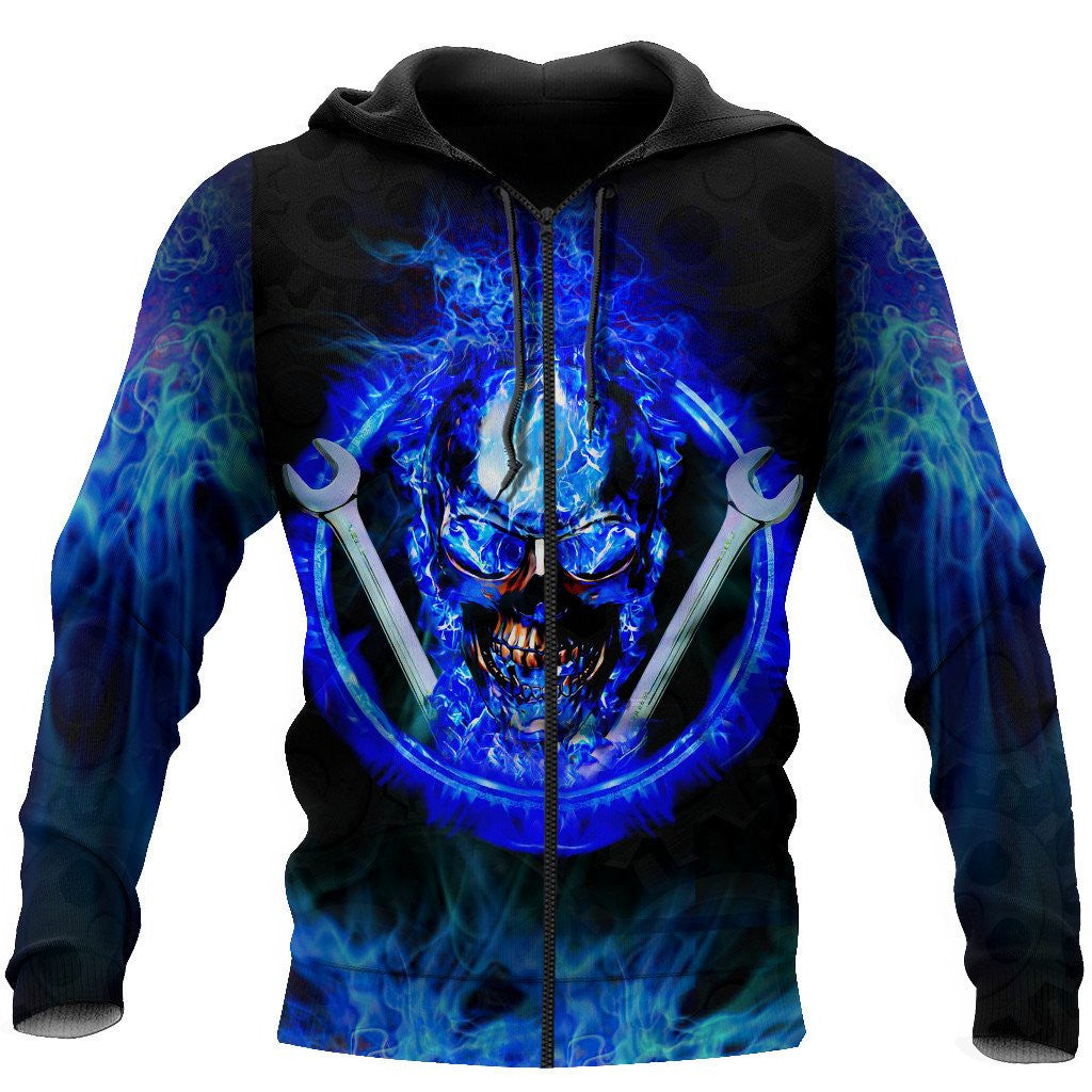 Mechanic Skull All Over Printed Hoodie For Men and Women TN
