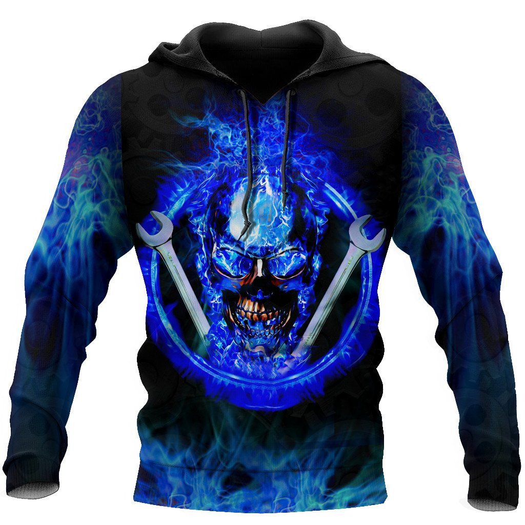 Mechanic Skull All Over Printed Hoodie For Men and Women TN