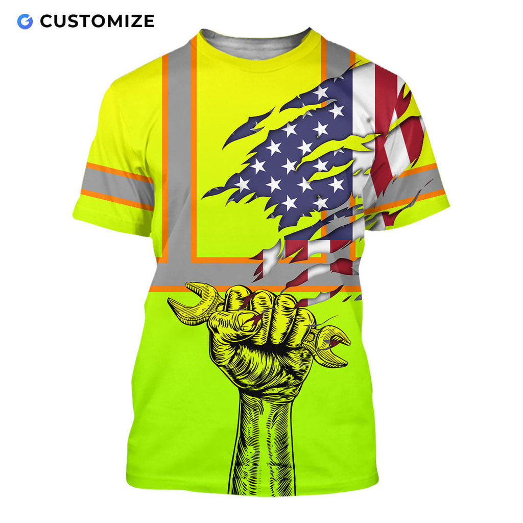 Cautious Green Mechanic Personalized Name And Flag 3D Over Printed Shirt No