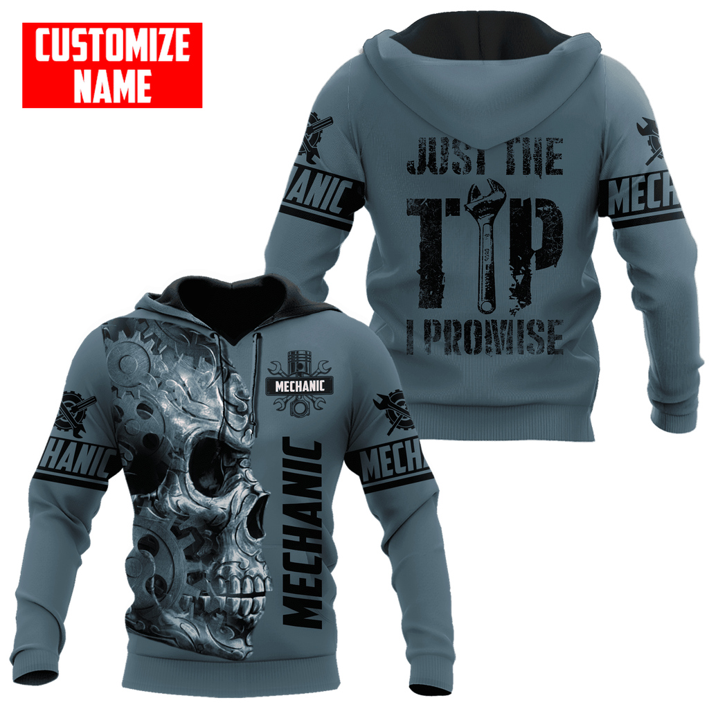 Personalized Name Mechanic Skull Just The Tip I Promise Unisex Shirts Blue
