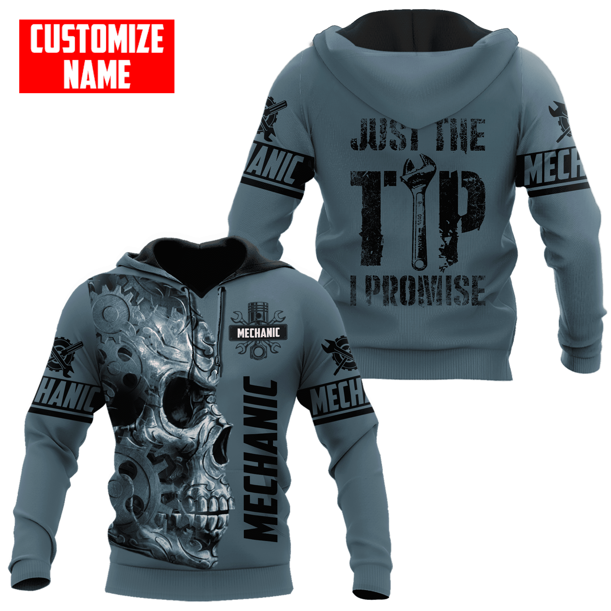 Personalized Name Mechanic Skull Just The Tip I Promise Unisex Shirts Blue