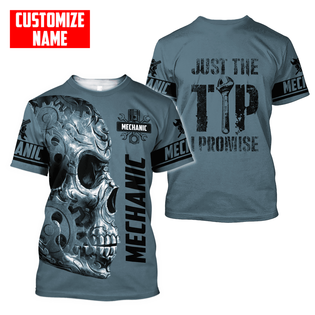 Personalized Name Mechanic Skull Just The Tip I Promise Unisex Shirts Blue