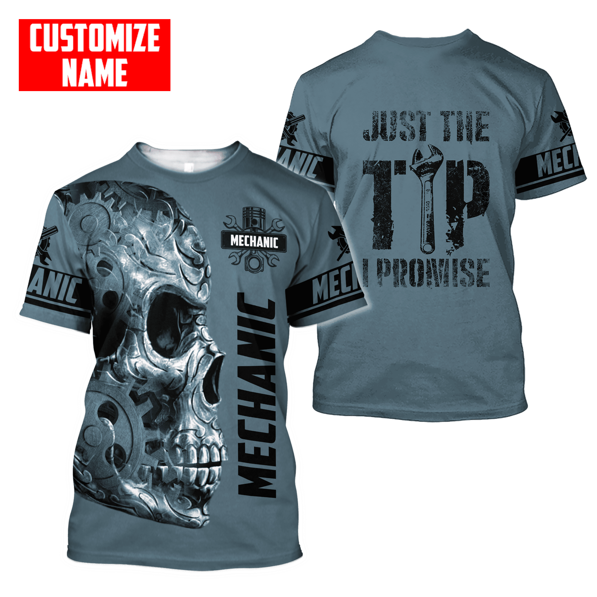 Personalized Name Mechanic Skull Just The Tip I Promise Unisex Shirts Blue