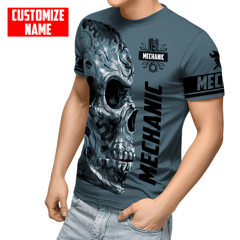 Personalized Name Mechanic Skull Just The Tip I Promise Unisex Shirts Blue