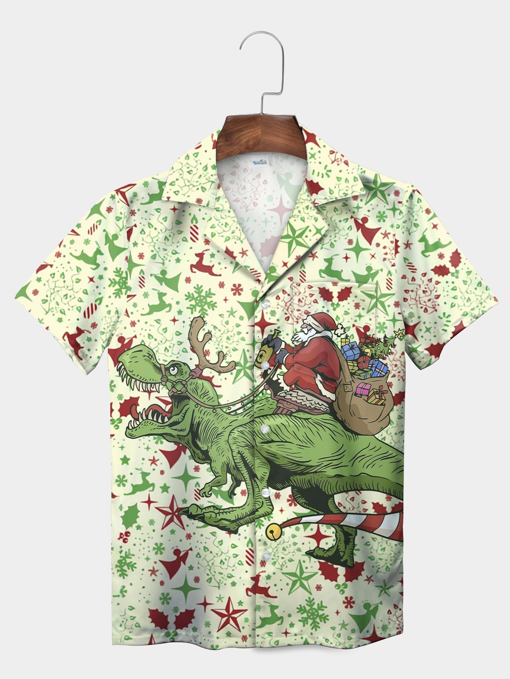 Green Santa Riding Dinosaur Gift Christmas Short Sleeve Aloha Shirt