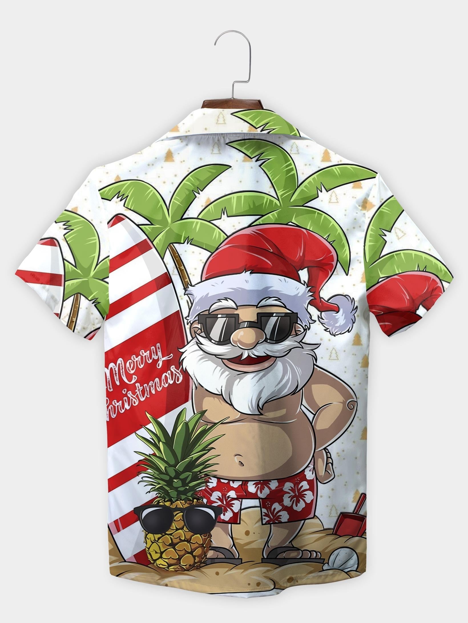 White Santa Surfboard Pineapple Christmas Short Sleeve Aloha Shirt