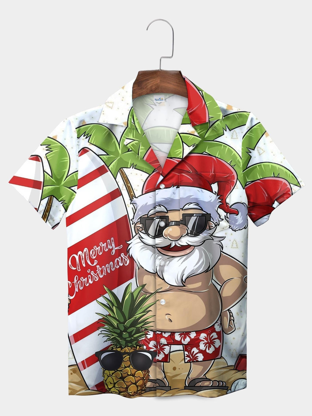 White Santa Surfboard Pineapple Christmas Short Sleeve Aloha Shirt